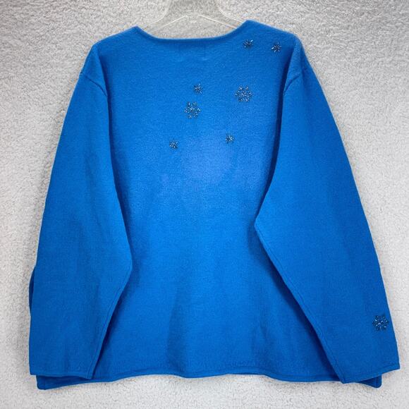 Quacker Factory Sweater Women 3X Wool Zip Up Snowflakes Blue Round Neck Beaded - Picture 2 of 14
